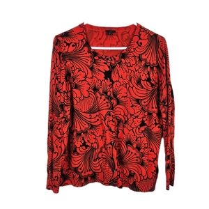 Talbots 1X Cardigan Red Orange Black Floral Button Up Office Church Lightweight